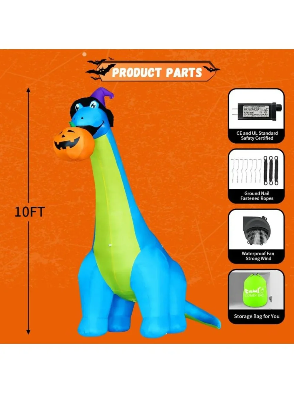 10 FT Halloween Inflatable Dinosaurs with Pumpkins - Fun Outdoor Decor